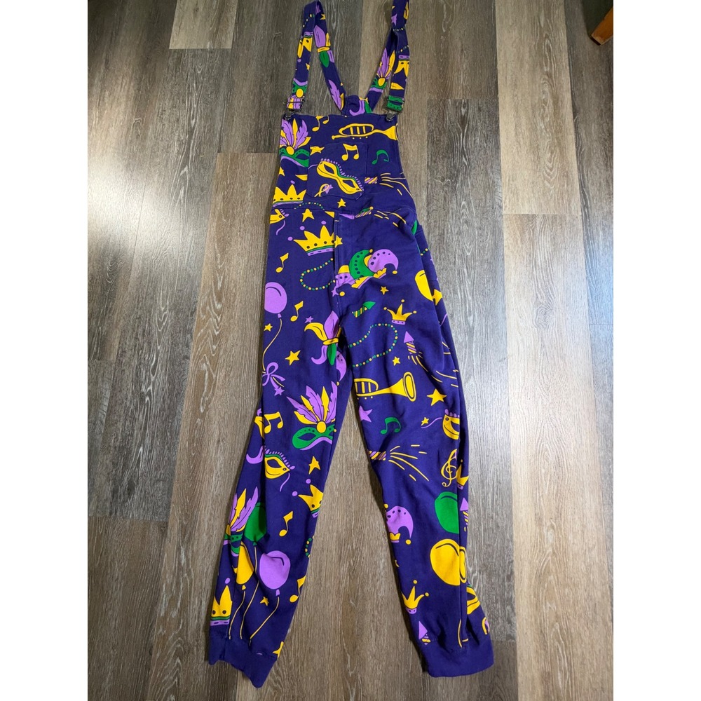 Unbranded Mardi Gras Overalls Adult XL Purple Masquerade Print Festive Bibs